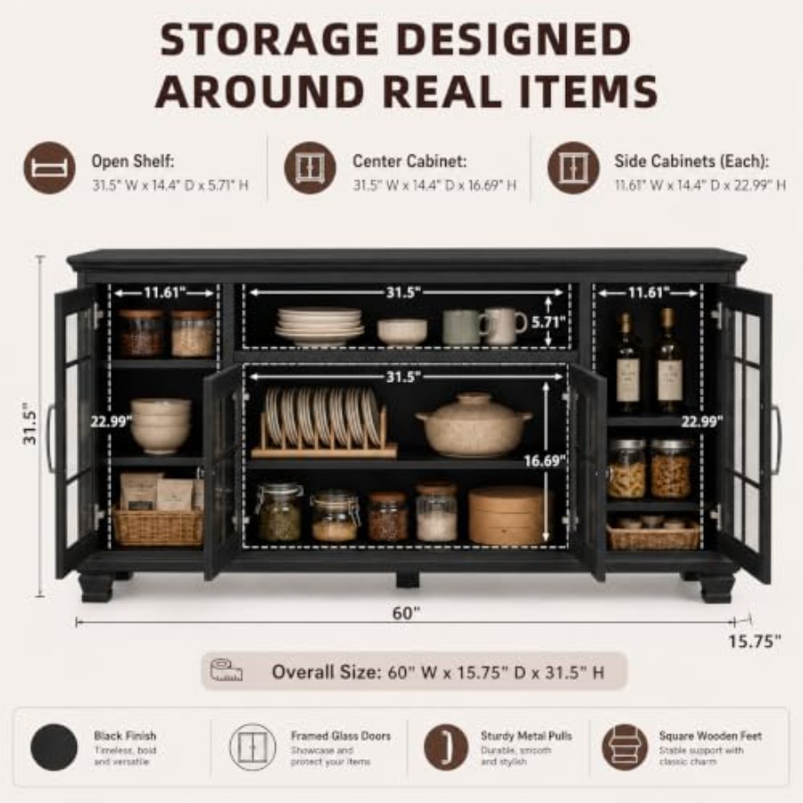 Aparador de 60 pulgadas con pu - Glass Door Hinge reseña y precio